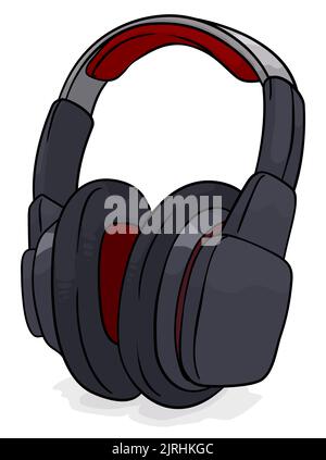 Design in cartoon style of black and professional headphones with red details over white background. Stock Vector