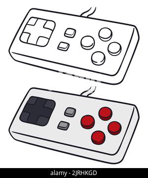 Old videogame controllers, one colorless in outline style and other in flat colors with buttons and D-pad. Stock Vector