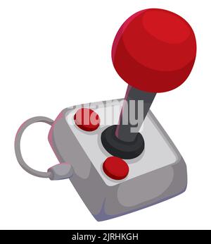 Retro controller with red joystick and two buttons. Design in cartoon style. Stock Vector
