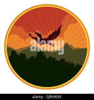 Round button with video game scene: dragon silhouette flying across a forest and mountain view. Stock Vector