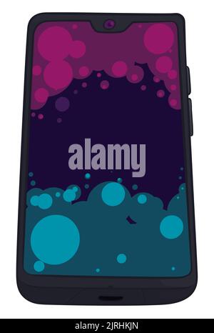 Smartphone in cartoon style showing on the display a colorful screensaver with dots. Design isolated over white background. Stock Vector