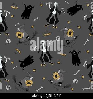 Funny Witch, wampire, ghost and bat. Seamless pattern for Halloween. Stock Vector