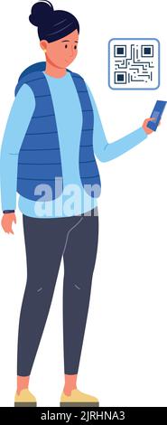 Girl scan qr code with smartphone. Digital technology isolated on white background Stock Vector