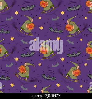 Witches flying on a broomstick. Seamless pattern with witches and bats for Halloween. Stock Vector