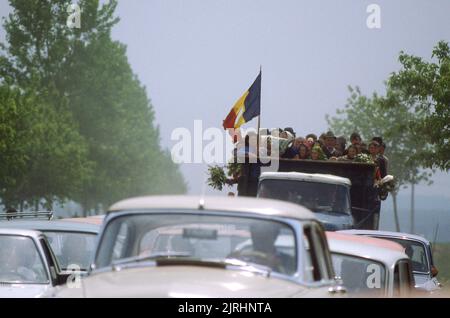 May 6, 1990, Botosani County, Romania. The Bridge of Flowers (Podul de Flori) event along the Prut River, that separated Romania and the Moldavian Socialist Republic. People were allowed for the first time since WWII to cross the border to their 'brothers' without a passport or visa. Stock Photo