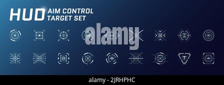 HUD aim control target system set. GUI and FUI interface. Futuristic military optical aiming collection. GUI digital radar elements. Collimator focus range sights. Digital dashboard crosshairs. Vector Stock Vector