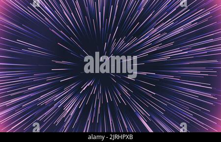 Space speed dynamic motion pattern background. Vector abstract starburst explosion of neon light rays or lines tunnel on geometric background Stock Photo