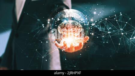 Abstract science. Network and innovation. Businessman holding brain in circle global network connection communication and data exchanges worldwide on Stock Photo