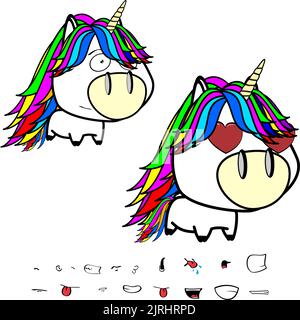 heart eyes big head unicorn cartoon expressions set colletion in vector format Stock Vector
