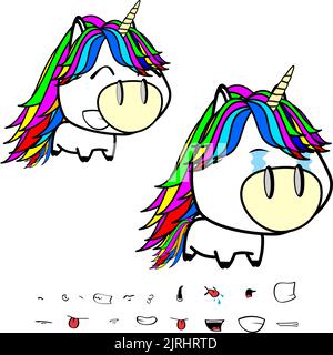 crying big head unicorn cartoon expressions set colletion in vector format Stock Vector