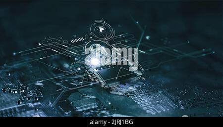 Digital padlock icon, cyber security network and data protection technology on virtual interface screen. Online internet authorized access against cyb Stock Photo