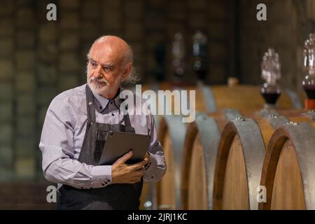 Senior man winemaker at winery checking barrels in wine cellar. Stock Photo