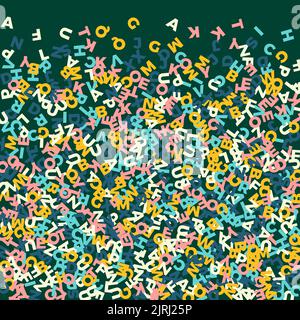 Falling letters of English language. Pastel flying words of Latin alphabet. Foreign languages study concept. Favorable back to school banner on blackboard background. Stock Vector