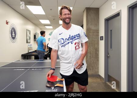 Los Angeles Dodgers pitcher Clayton Kershaw (22) poses at Miguel Contreras Learning Complex High School during the Dodgers Love LA Community Tour, Wednesday, Aug. 24, 2022, in Los Angeles. Stock Photo