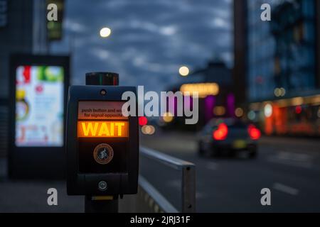 Pedestrian crossing WAIT button in Glasgow 2021 Stock Photo