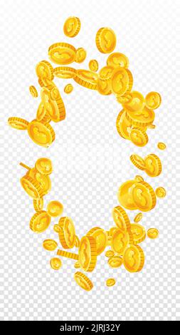 American dollar coins falling. Scattered gold USD coins. USA money. Global financial crisis concept. Vector illustration. Stock Vector