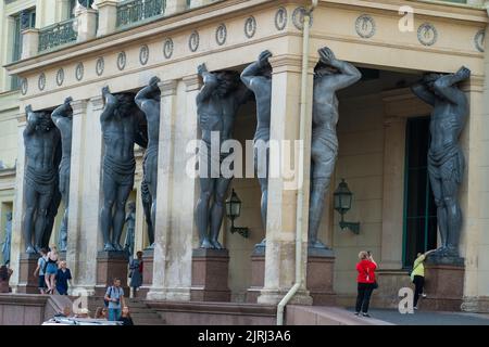 RUSSIA, PETERSBURG - AUG 18, 2022: new atlantid petersburg hermitage russia day saint sunny landmark, for city old for palace from atlas outdoor Stock Photo