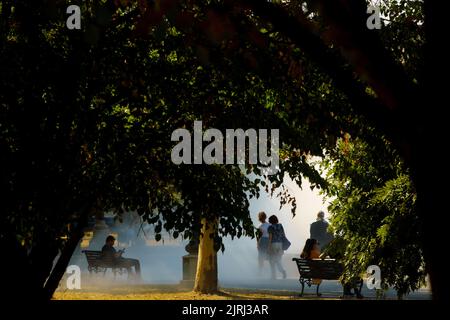 Bucharest, Romania - August 11, 2022: People walk under the trees near the water fountains in the park on a very hot day This image is for editorial u Stock Photo