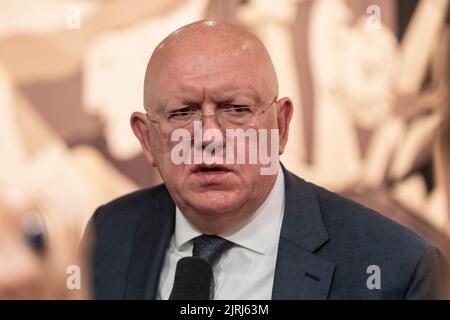 New York, New York, USA. 23rd Aug, 2022. Russian Ambassador Vassily Nebenzia speaks to reporters after Security Council meeting on Russia-Ukraine nuclear security at UN Headquarters (Credit Image: © Photographer Lev Radin/Pacific Press via ZUMA Press Wire) Stock Photo