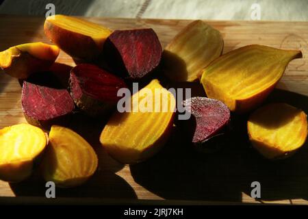 Raw beetroots cut in halves Stock Photo