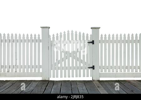 Old white picket fence with gate and wood sidewalk isolated on white background Stock Photo