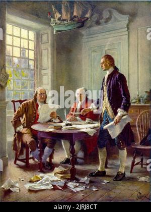 Writing the Declaration of Independence,painted by Jean Leon Gerome Ferris. The painting shows (left to right) Benjamin Franklin, John Adams, and Thomas Jefferson of the Committee of Five working on the Declaration. Stock Photo