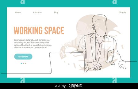 Coworking Space Landing Page Flat Cartoon Template. Freelancers Team Working Online on Laptop. Business People Sharing Open Workspace. Outline Vector Illustration Stock Vector
