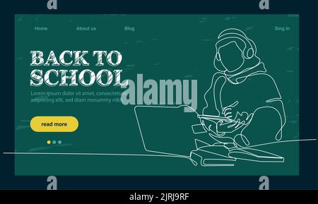 landing page template with globe, glasses and stack of textbooks.Back to school landing page template. Outline web banner on white backdrop. Vector outline illustration. Concept website page. Stock Vector