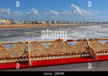 Blackpool Tower and promenade, viewed from Central Piers Victorian 1868  boardwalk,  Blackpool, Lancashire, England, UK, FY1 5BB Stock Photo