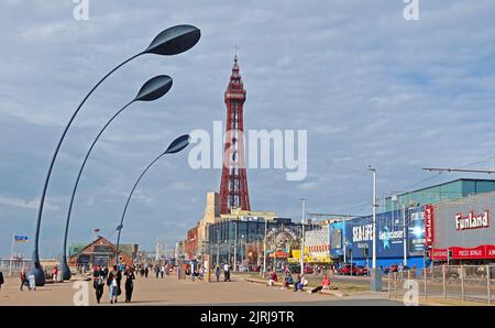 Blackpool promenade lights, with tower in the background, summer in Lancashire, England, UK, FY1 Stock Photo