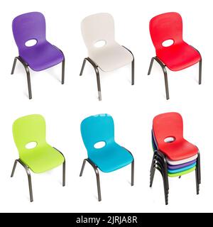 Collection of plastic chairs for children of diverse colors on a white background. Stock Photo