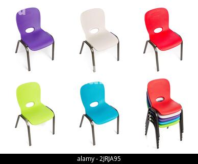 Collection of plastic chairs for children of diverse colors on a white background. Stock Photo