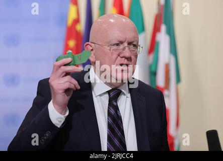 United Nations, New York, USA, August 24, 2022 - Vassily Nebenzia, Permanent Representative of Russia to the UN, speaks to reporters at the media stakeout following the Security Council meeting on Ukraine today at the UN Headquarters in New York City. Photo: Luiz Rampelotto/EuropaNewswire PHOTO CREDIT MANDATORY. Stock Photo