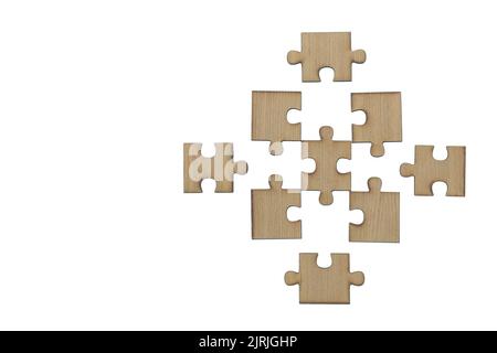 Wooden jigsaw puzzle, pieces of a puzzle, Last Jigsaw Puzzle, Isolated on White Background Stock Photo