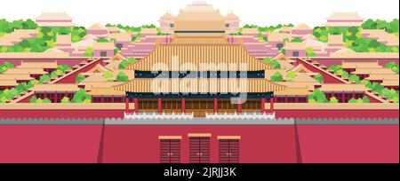 Layered editable vector illustration panorama of the Forbidden City in Beijing, China. Stock Vector