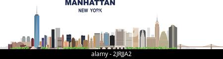 Layered editable vector illustration skyline of Manhattan, New York City, USA, each building is on a separate layer. Stock Vector
