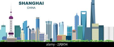 Layered editable vector illustration skyline of Shanghai,China, each building is on a separate layer Stock Vector