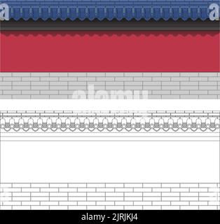 Layered editable vector illustration of chinese traditional ancient brick wall style with beautiful blue glazed tiles and red color. Stock Vector