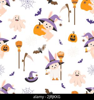 Seamless pattern Halloween. Cute bunny in witchs hat with broom and with Jack Pumpkin, ghost and bats on white background with cobwebs. Vector illustr Stock Vector