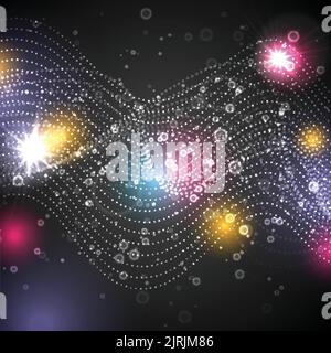 Dark abstract glowing background with wavy dotted lines. Vector design Stock Vector