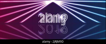 New Year 2019 and neon laser rays abstract holiday banner design. Vector background Stock Vector