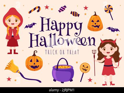 Happy Halloween Template Background Hand Drawn Cartoon Flat Illustration with Children Wearing Various Costumes, Haunted House, Pumpkins, Bats and Ful Stock Vector