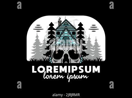 Illustration badge design of a wooden house with skull Stock Vector