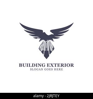 hawk building exterior logo with a combination of a eagle with a buildings as its tail, very good for building company logo, real estate construction Stock Vector