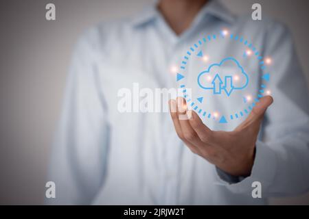 man hands holding virtual icon cloud. Cloud Computing Technology Internet Storage Network Concept, man hands holding virtual icon cloud. Stock Photo