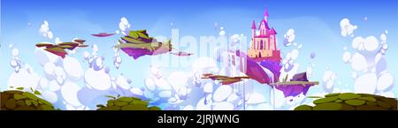 Fantastic pink castle and waterfall flying on island in sky. Cartoon illustration of magic landscape with royal palace and pieces of green land flying in white clouds. Adventure game level platforms Stock Vector