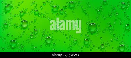 Condensation water drops on green background. Rain droplets with light reflection, bubbles fizz, abstract wet texture, scattered pure aqua blobs pattern, horizontal backdrop, Realistic 3d vector Stock Vector