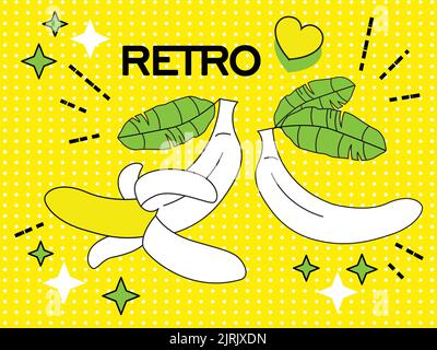 Retro Pop Art of yellow bananas on an yellow background. Cartoon retro banner for web banners, websites,   magazine covers. Vector illustration. Stock Vector