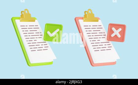 3d render accepted and denied documents on clipboard isolated Illustration. White paper sheet on clip board with ticks and cross. Refuse work, deny project plan, document agreement and rejection Stock Photo