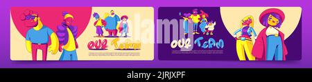 Our team posters with people in contemporary art style. Vector banners with company employees, office workers, abstract funny characters drawn in trendy comic style Stock Vector
